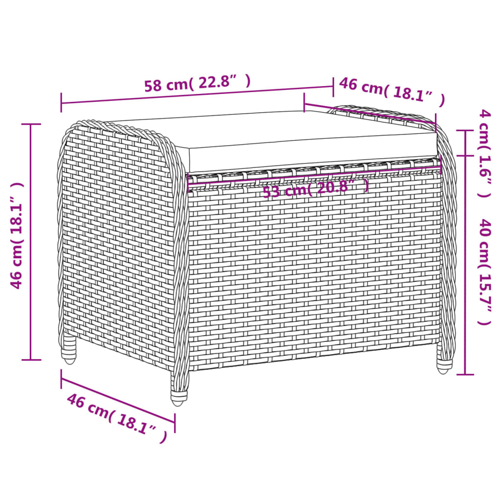 Tabouret de jardin avec coussin 58x46x46 cm poly rotin