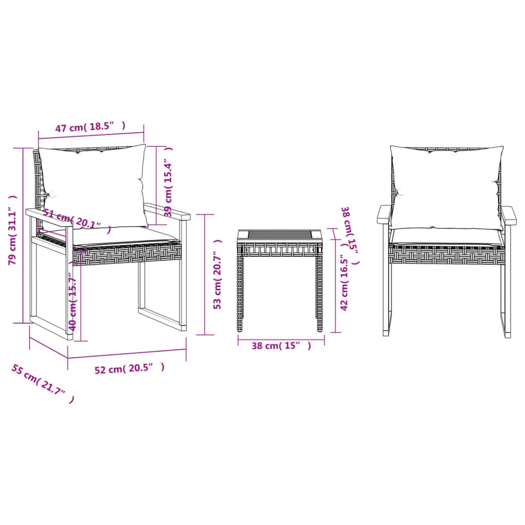 3-delige Bistroset met kussens poly rattan en acaciahout