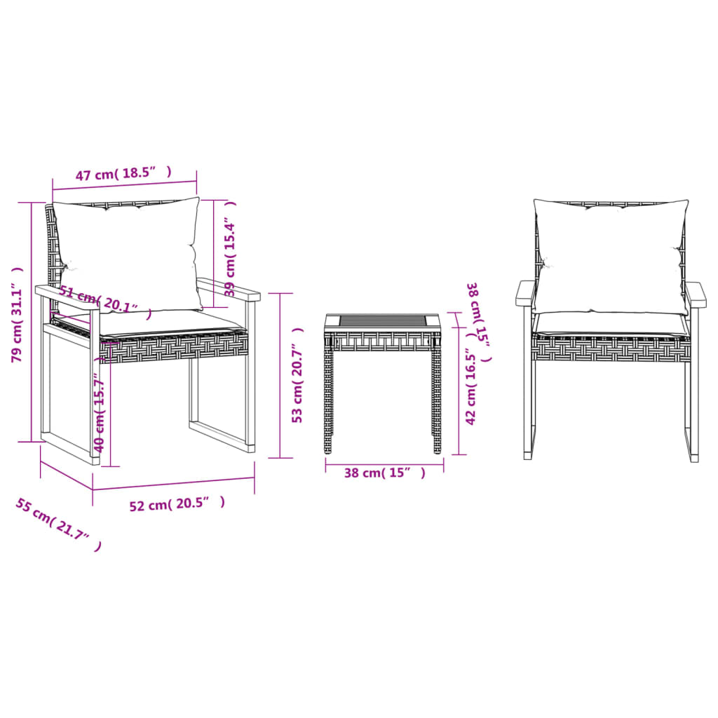 3-delige Bistroset met kussens poly rattan en acaciahout