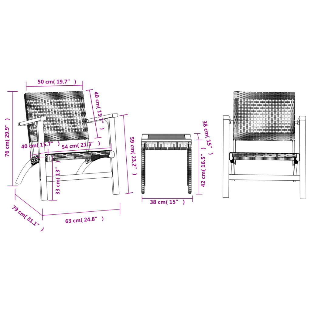 3-delige Bistroset poly rattan en massief acaciahout