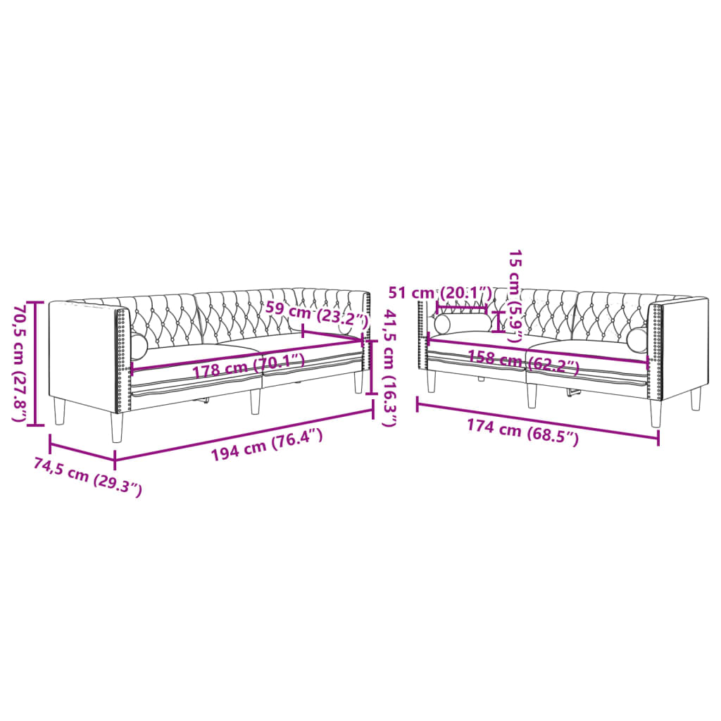 2-delige Loungeset Chesterfield met bolsters fluweel lichtgrijs