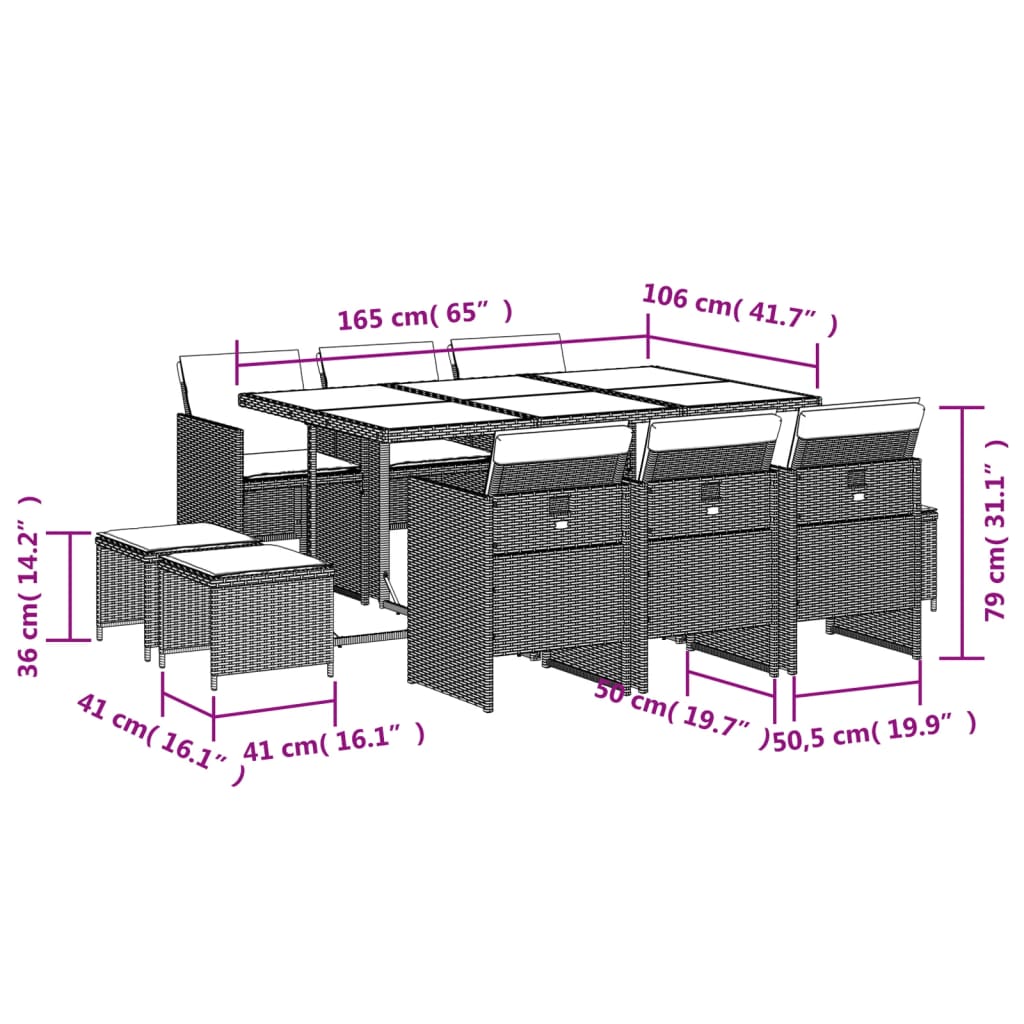 11-delige Tuinset met kussens poly rattan