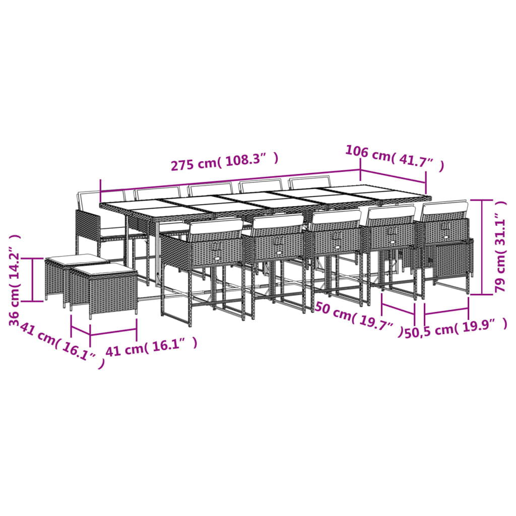 13-delige Tuinset met kussens poly rattan zwart