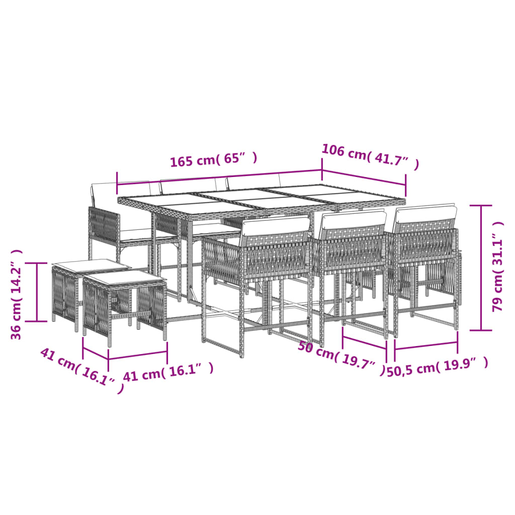 Ensemble de jardin 9 pièces avec coussins en polyrotin