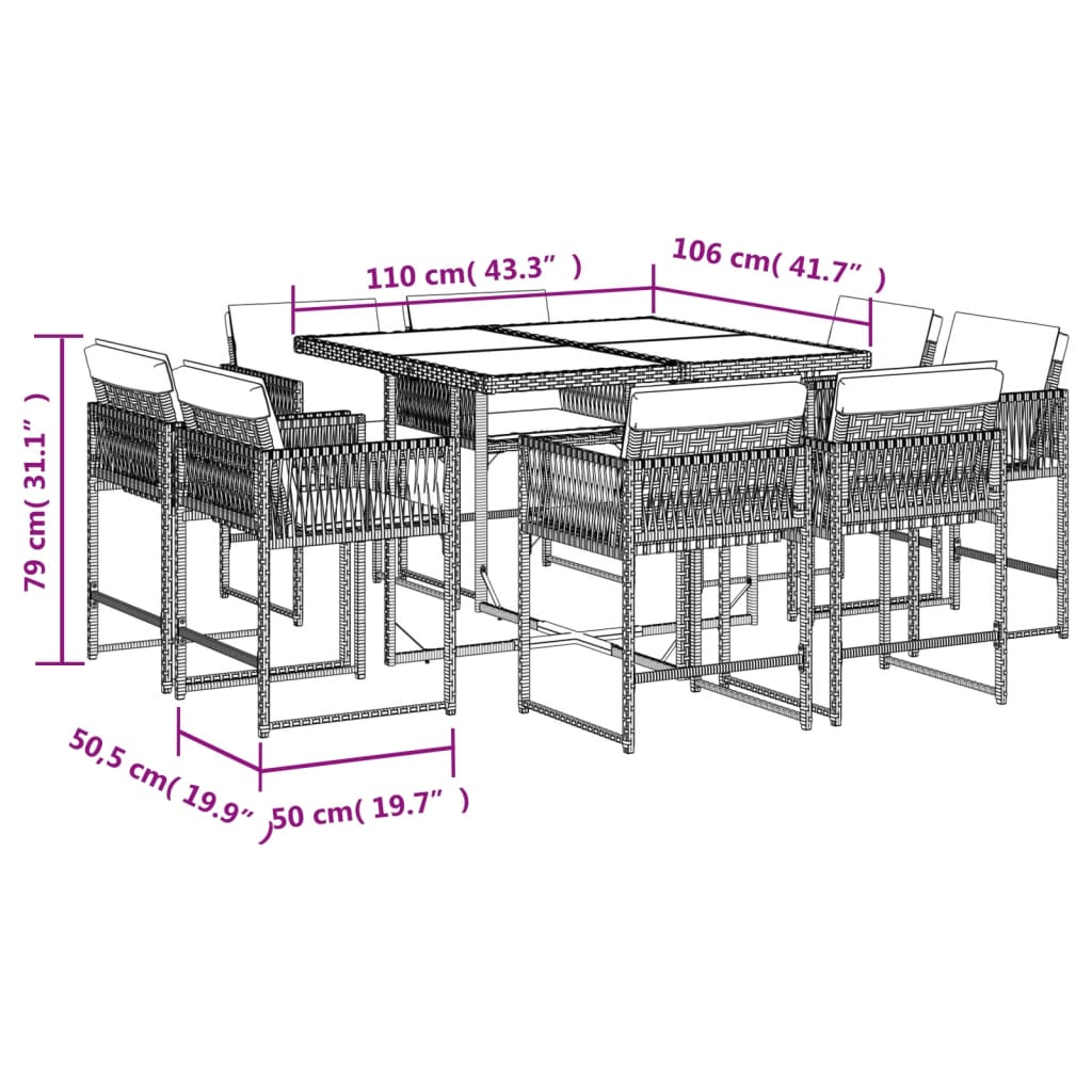 Ensemble de jardin 9 pièces avec coussins en polyrotin