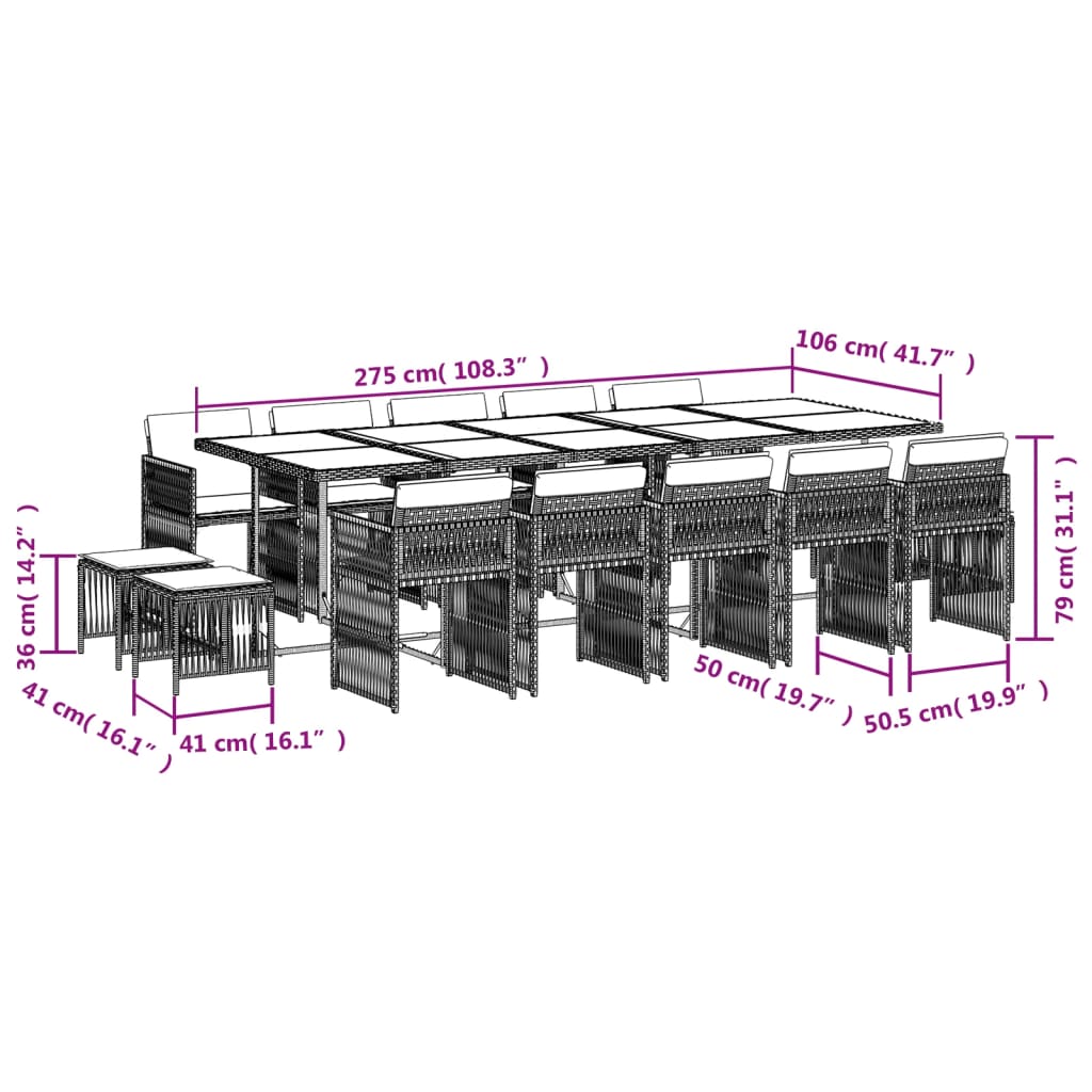 17-delige Tuinset met kussens poly rattan beige