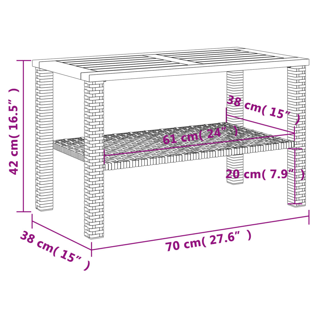 Table de jardin 70x38x42 cm poly rotin bois d'acacia