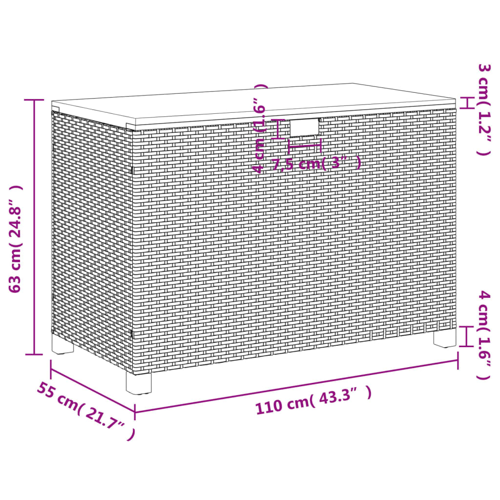 Coffre de jardin 110x55x63 cm poly rotin et bois d'acacia