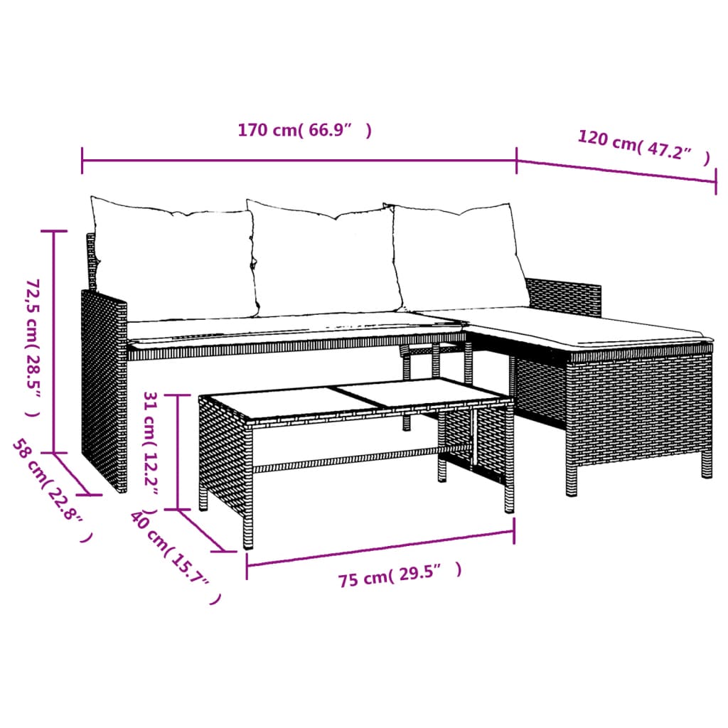 Tuinbank met tafel kussens L-vormig poly rattan