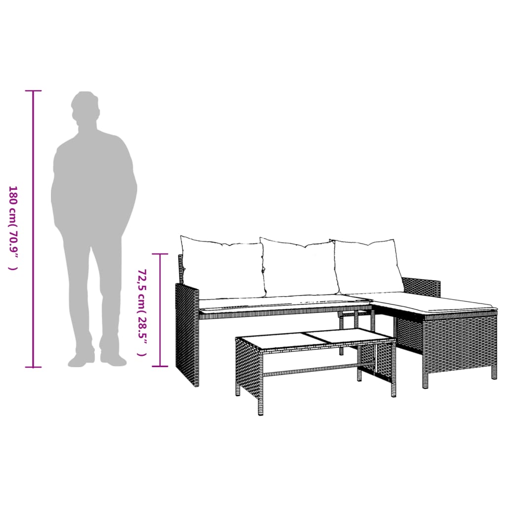 Tuinbank met tafel kussens L-vormig poly rattan