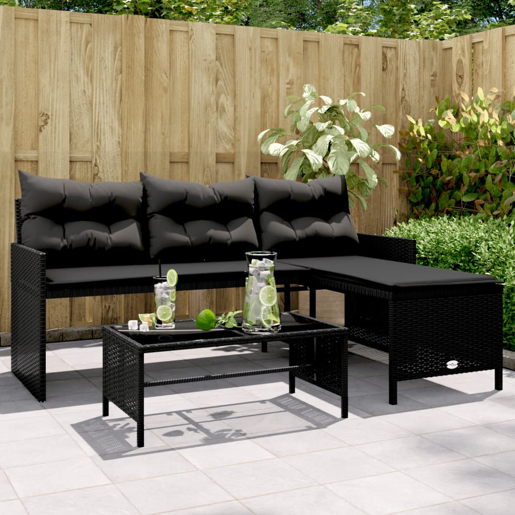 Tuinbank met tafel kussens L-vormig poly rattan