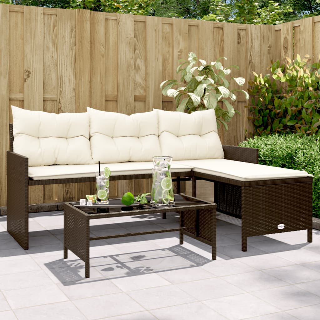 Tuinbank met tafel kussens L-vormig poly rattan