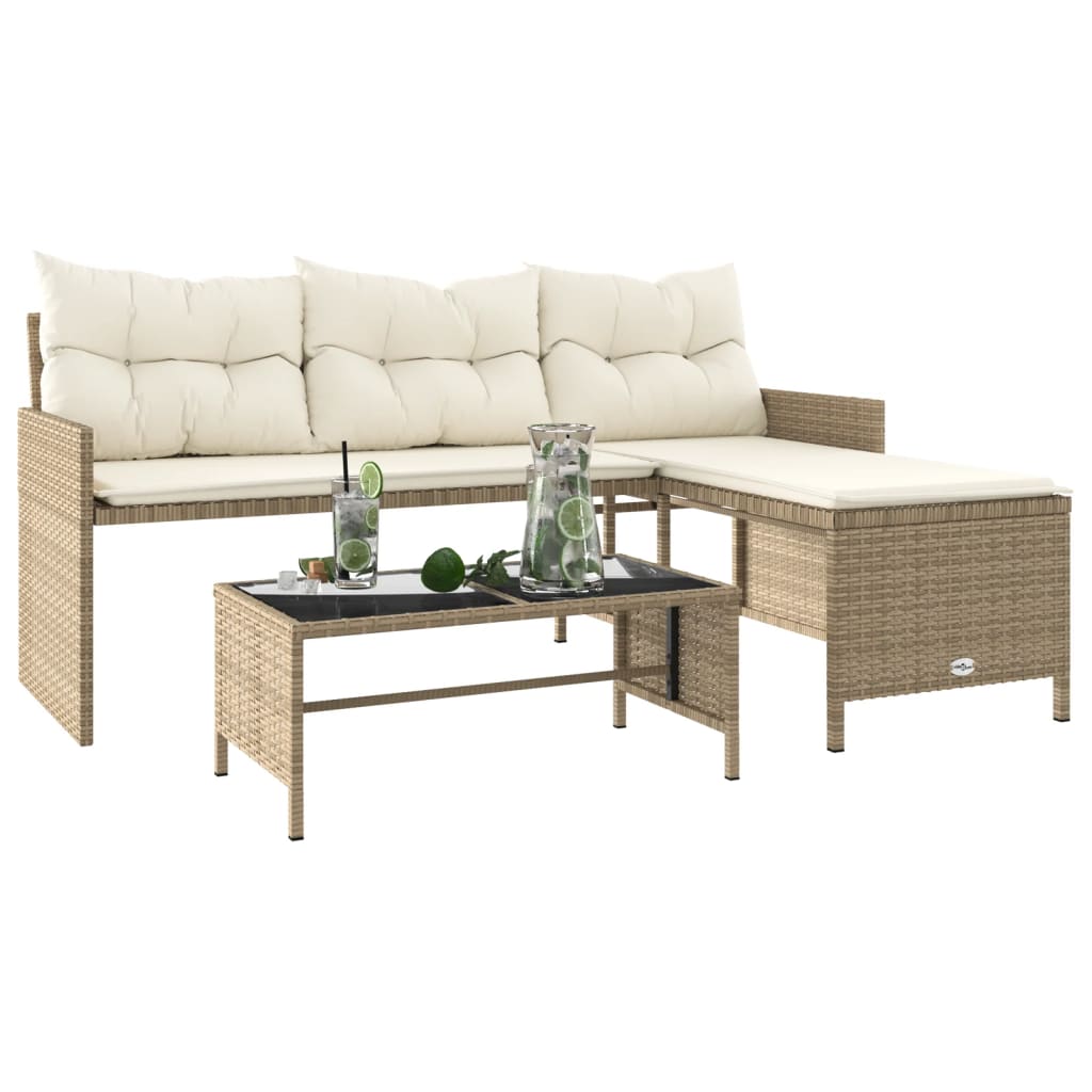 Tuinbank met tafel kussens L-vormig poly rattan