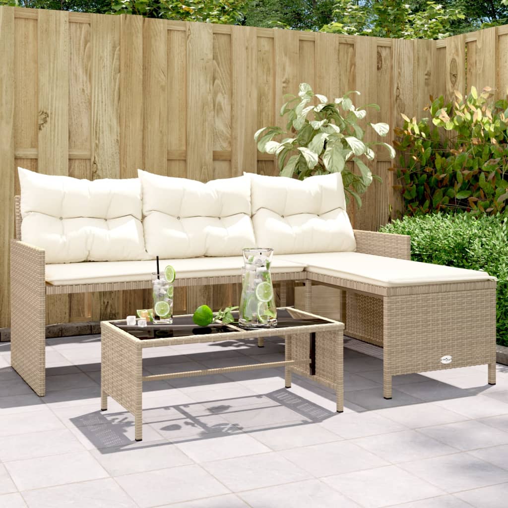 Tuinbank met tafel kussens L-vormig poly rattan