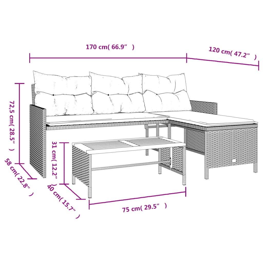 Tuinbank met tafel kussens L-vormig poly rattan