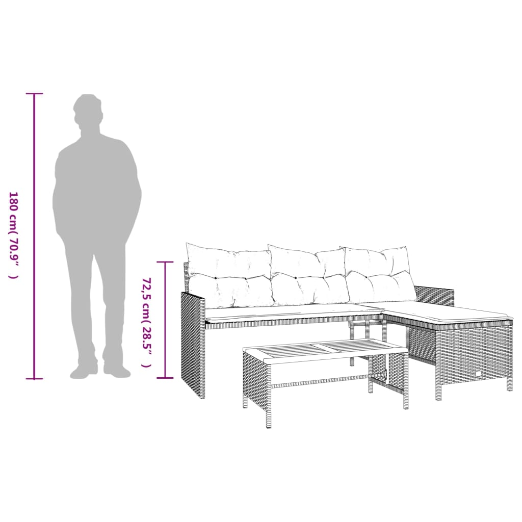 Tuinbank met tafel kussens L-vormig poly rattan