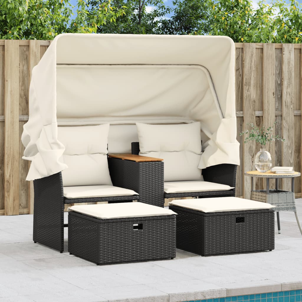 Banc de jardin 2 places avec auvent et repose-pieds poly rotin