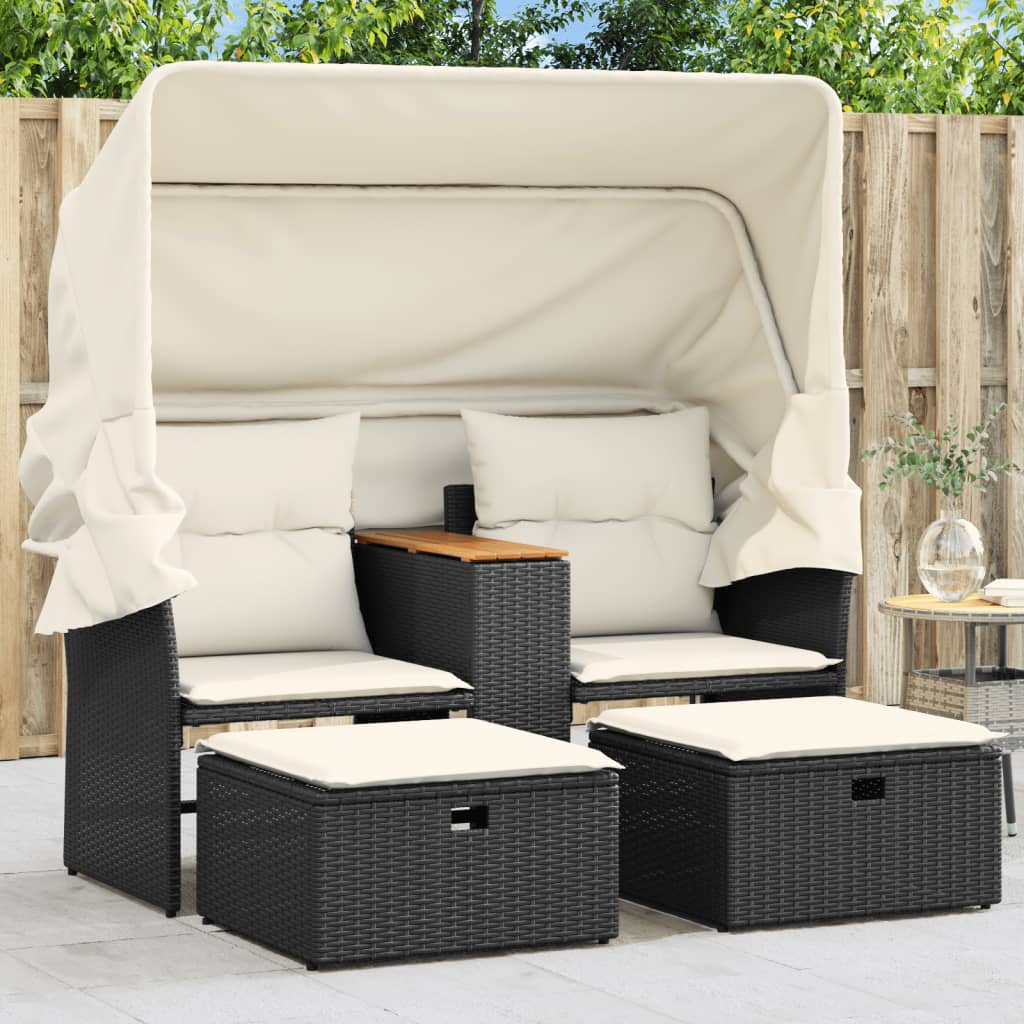 Banc de jardin 2 places avec auvent et repose-pieds poly rotin