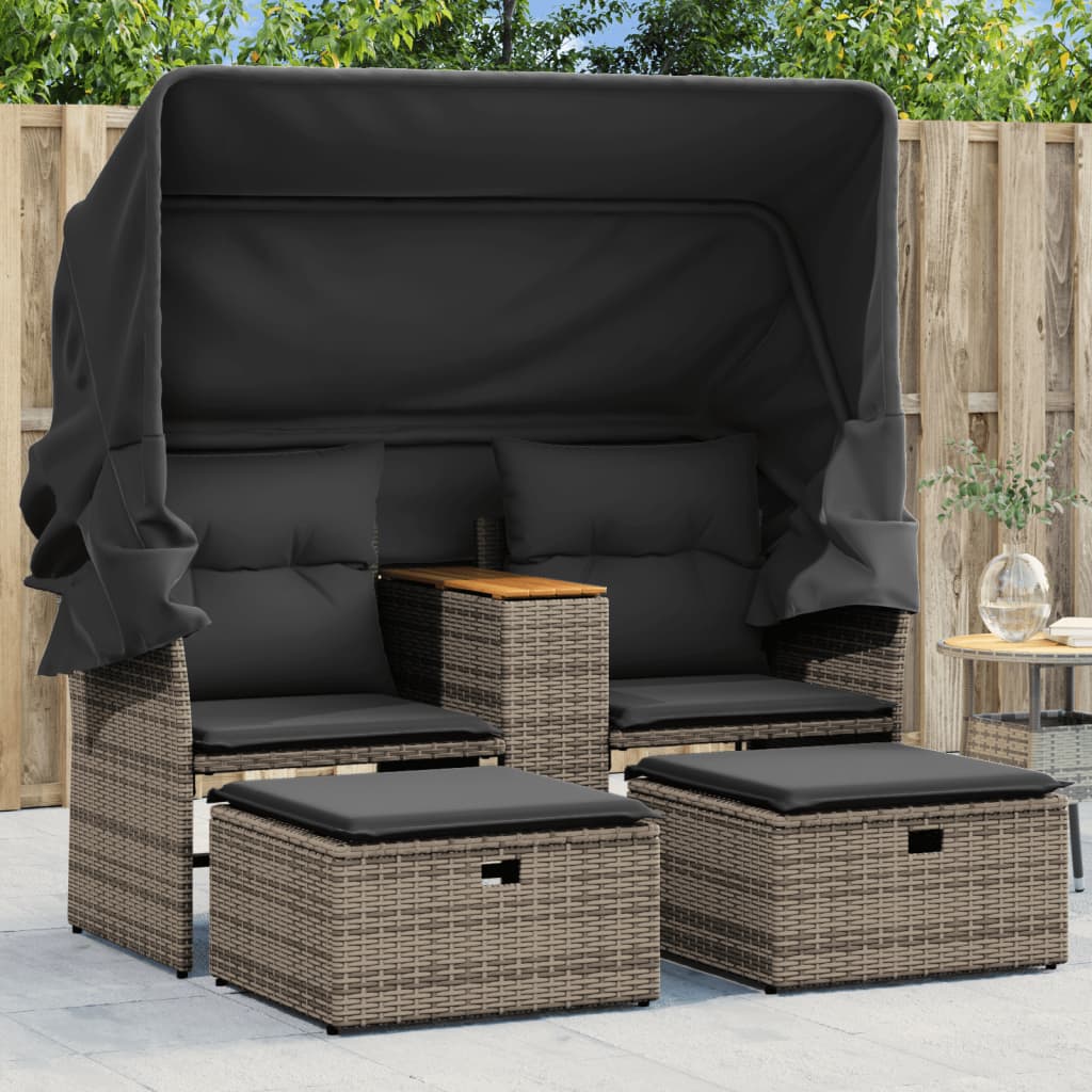 Banc de jardin 2 places avec auvent et repose-pieds poly rotin