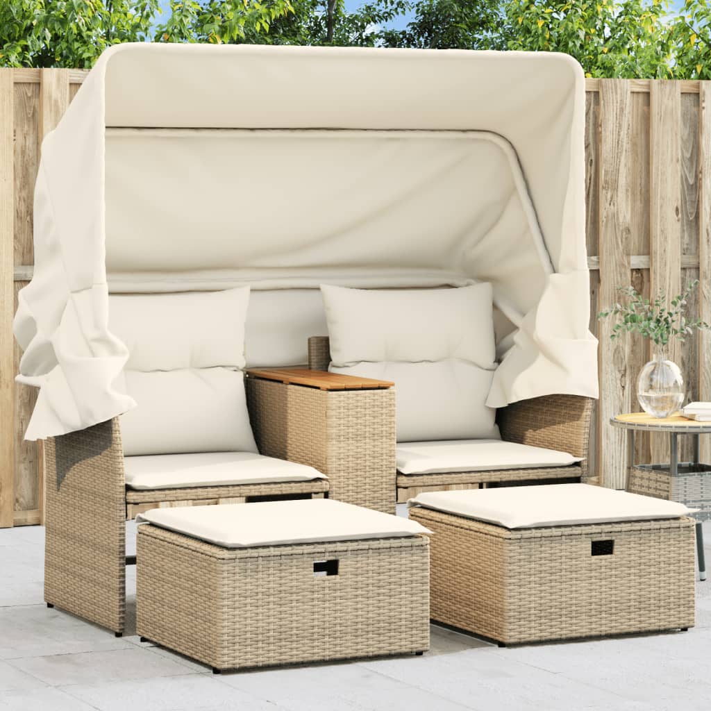 Banc de jardin 2 places avec auvent et repose-pieds poly rotin