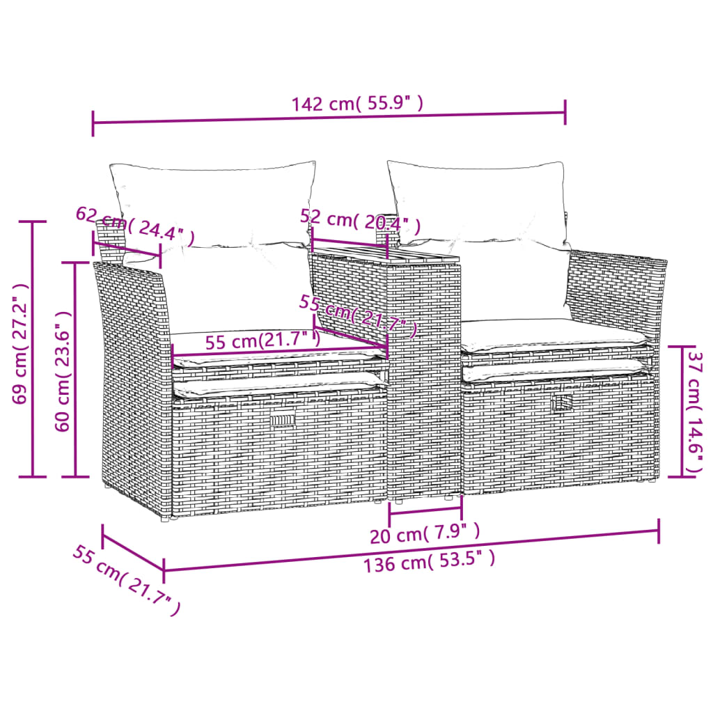 Banc de jardin 2 places avec auvent et repose-pieds poly rotin