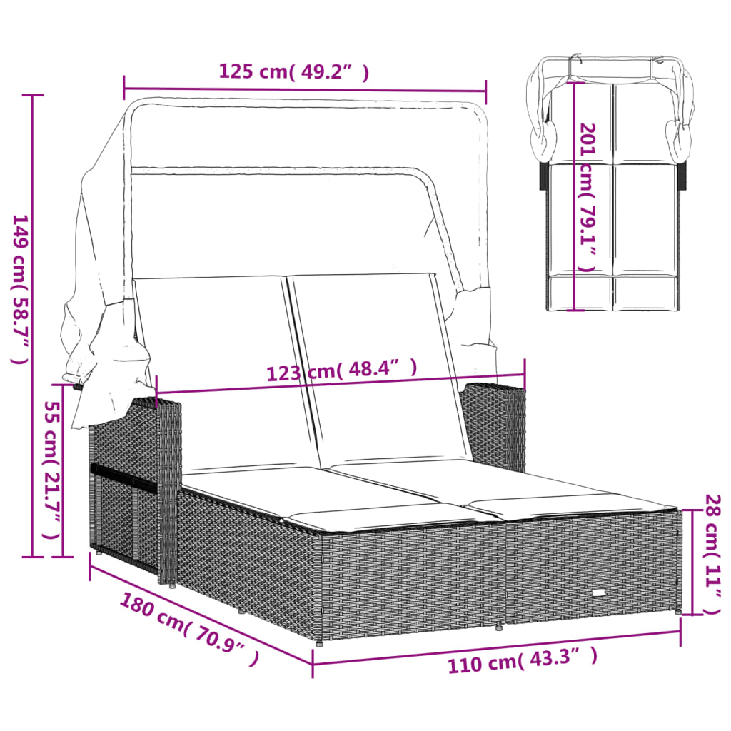 Chaise longue double avec auvent et coussins en polyrotin noir