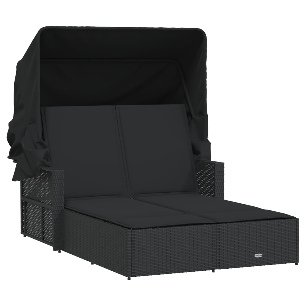 Chaise longue double avec auvent et coussins en polyrotin noir