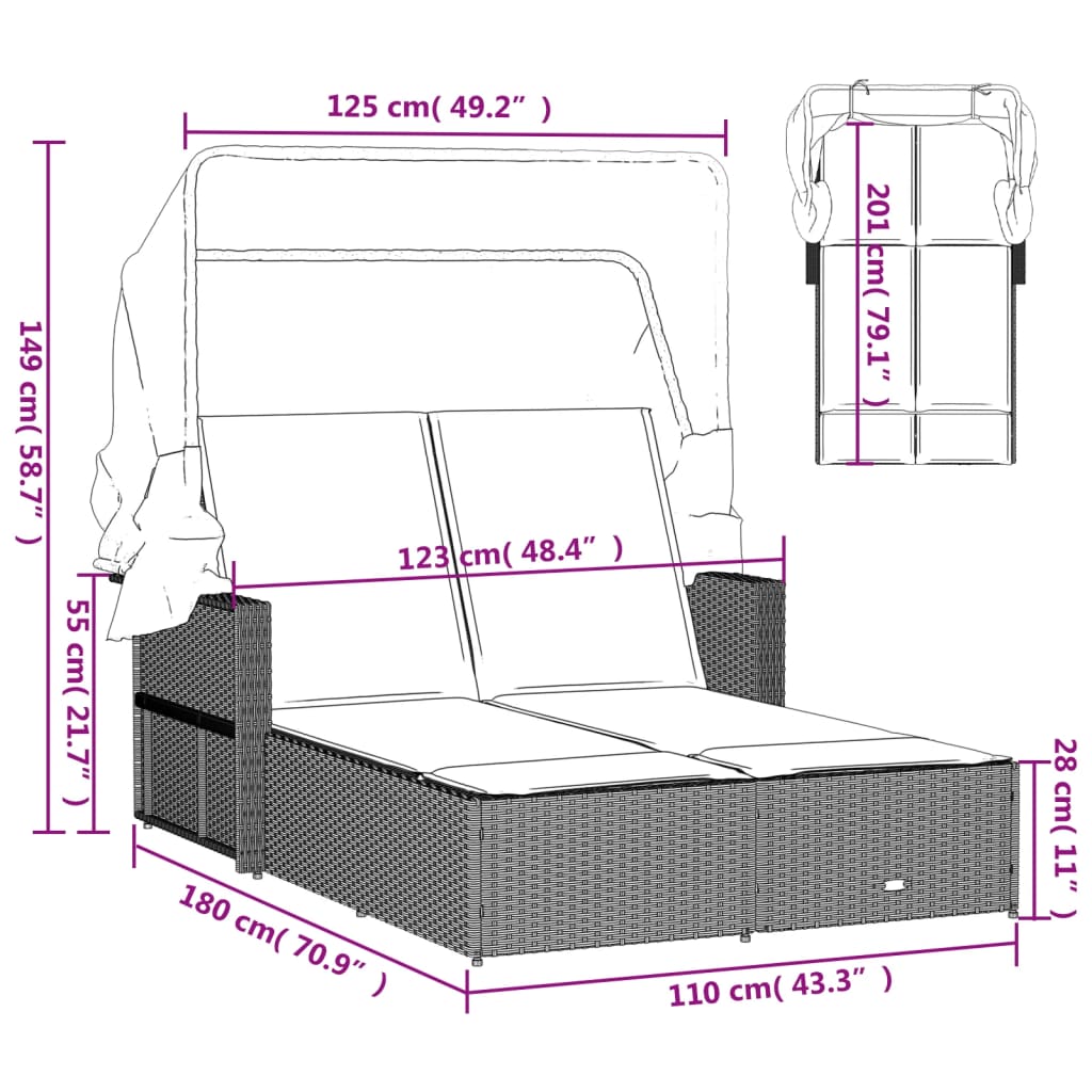 Ligbed 2-persoons met luifel kussens poly rattan