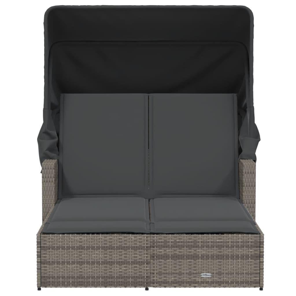 Chaise longue double avec auvent et coussins en polyrotin noir