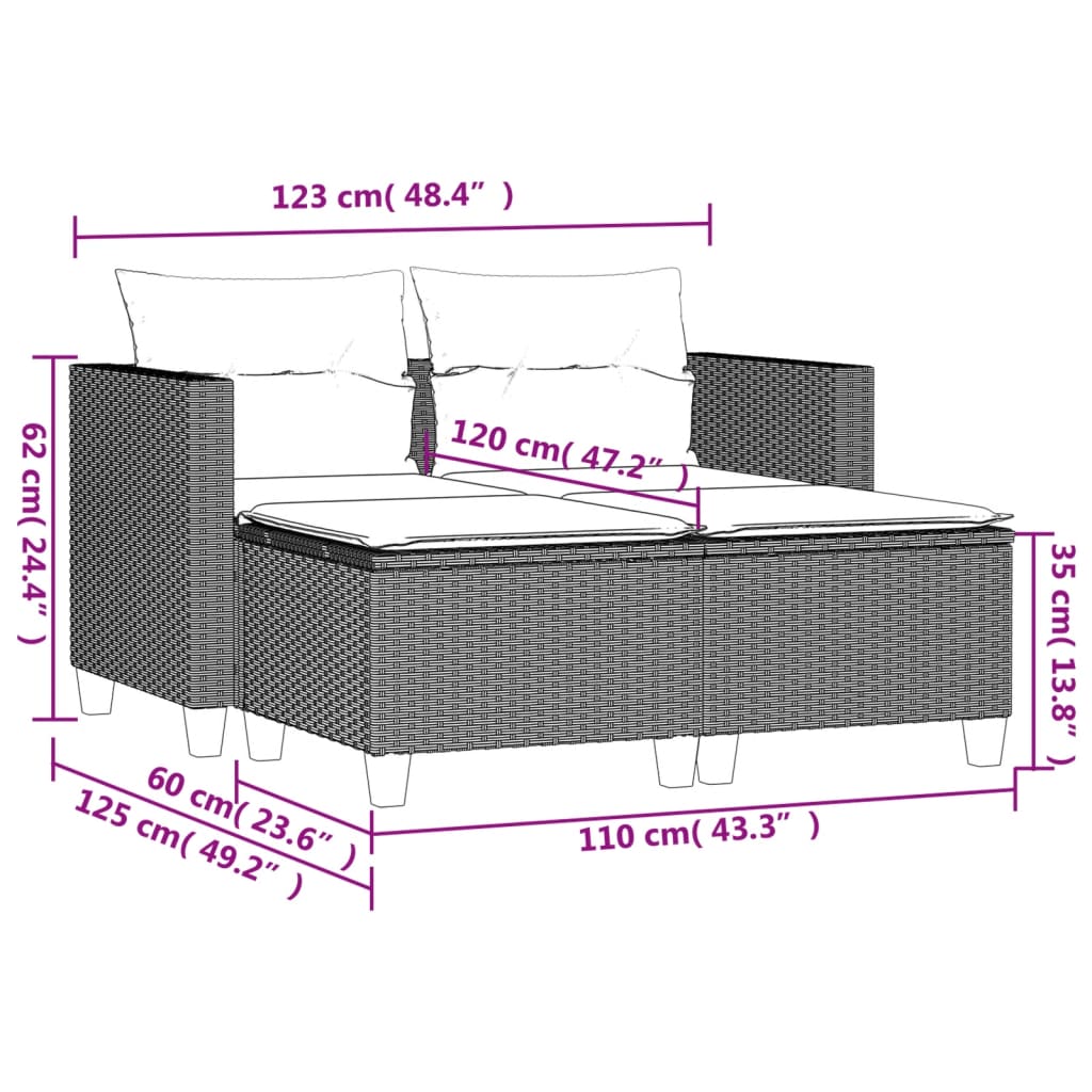 Canapé de jardin 2 places avec repose-pieds en poly rotin