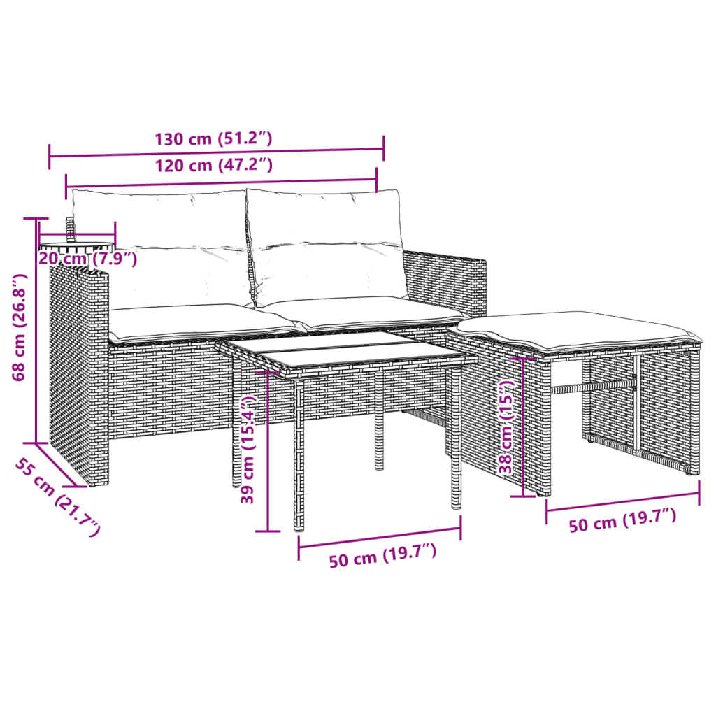 3-delige Loungeset met kussens poly rattan