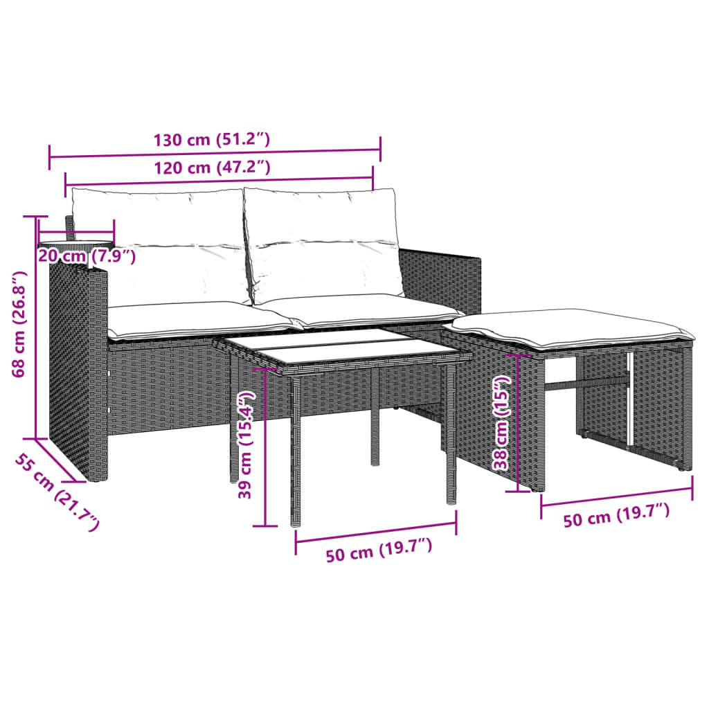 3-delige Loungeset met kussens poly rattan