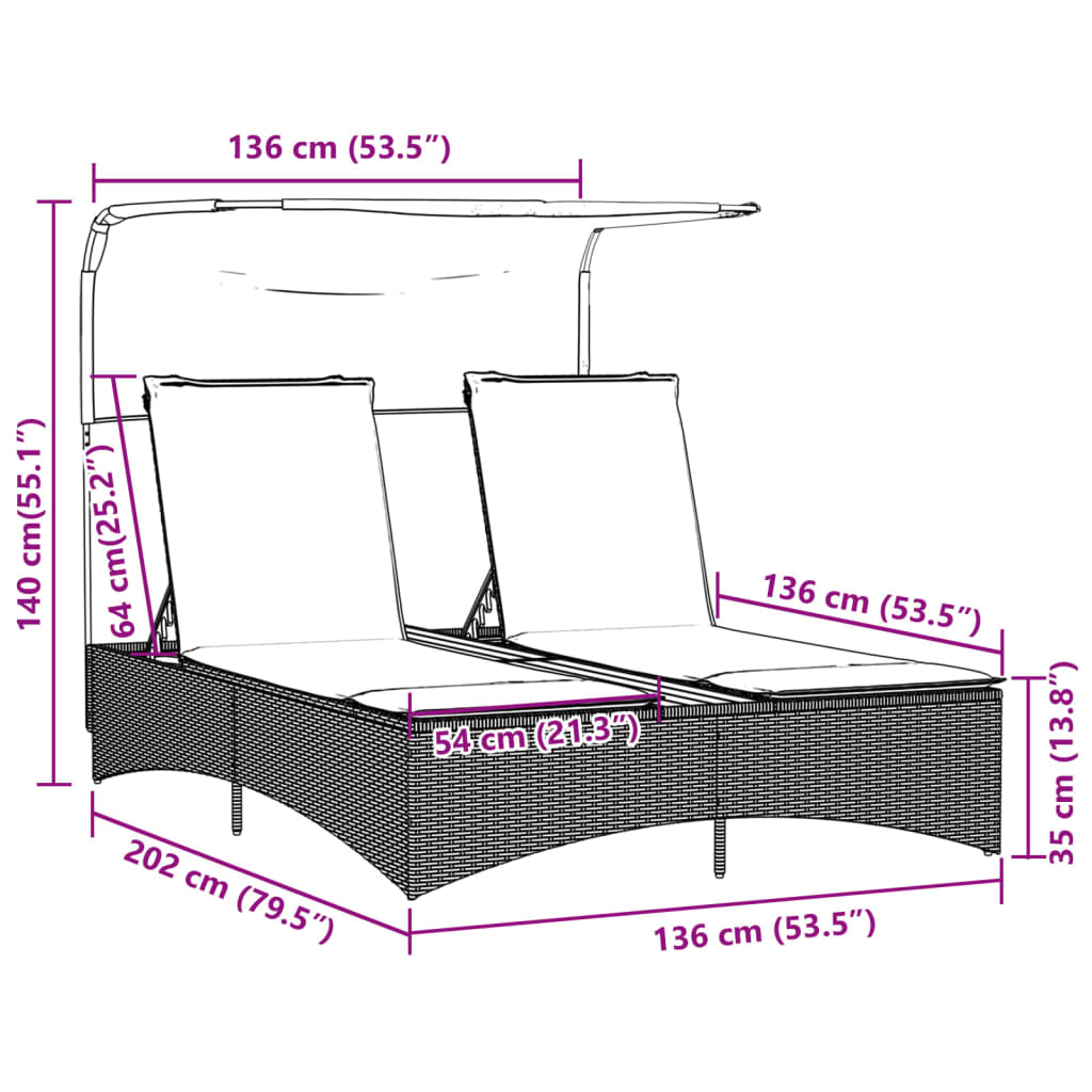 Chaise longue double avec auvent et coussins en polyrotin