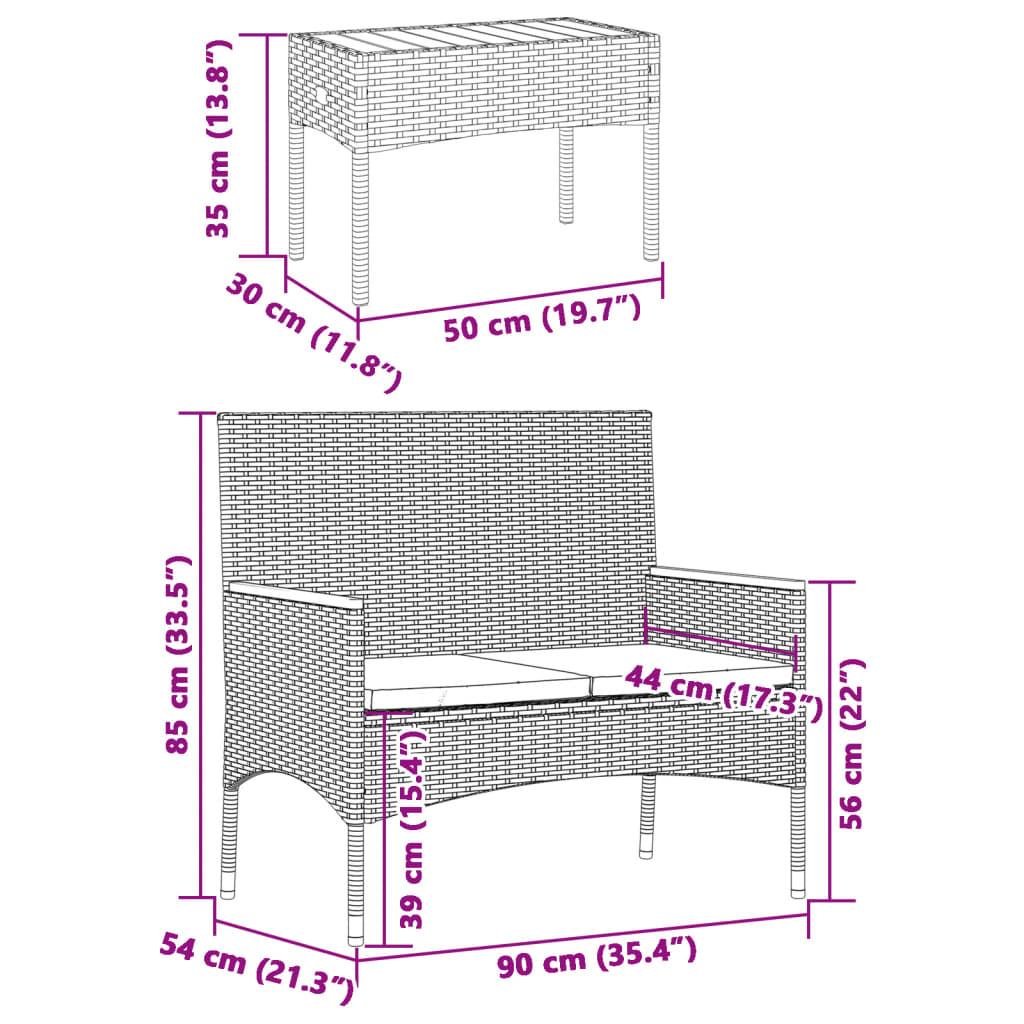 Tuinbank 2-zits met kussens en tafel poly rattan