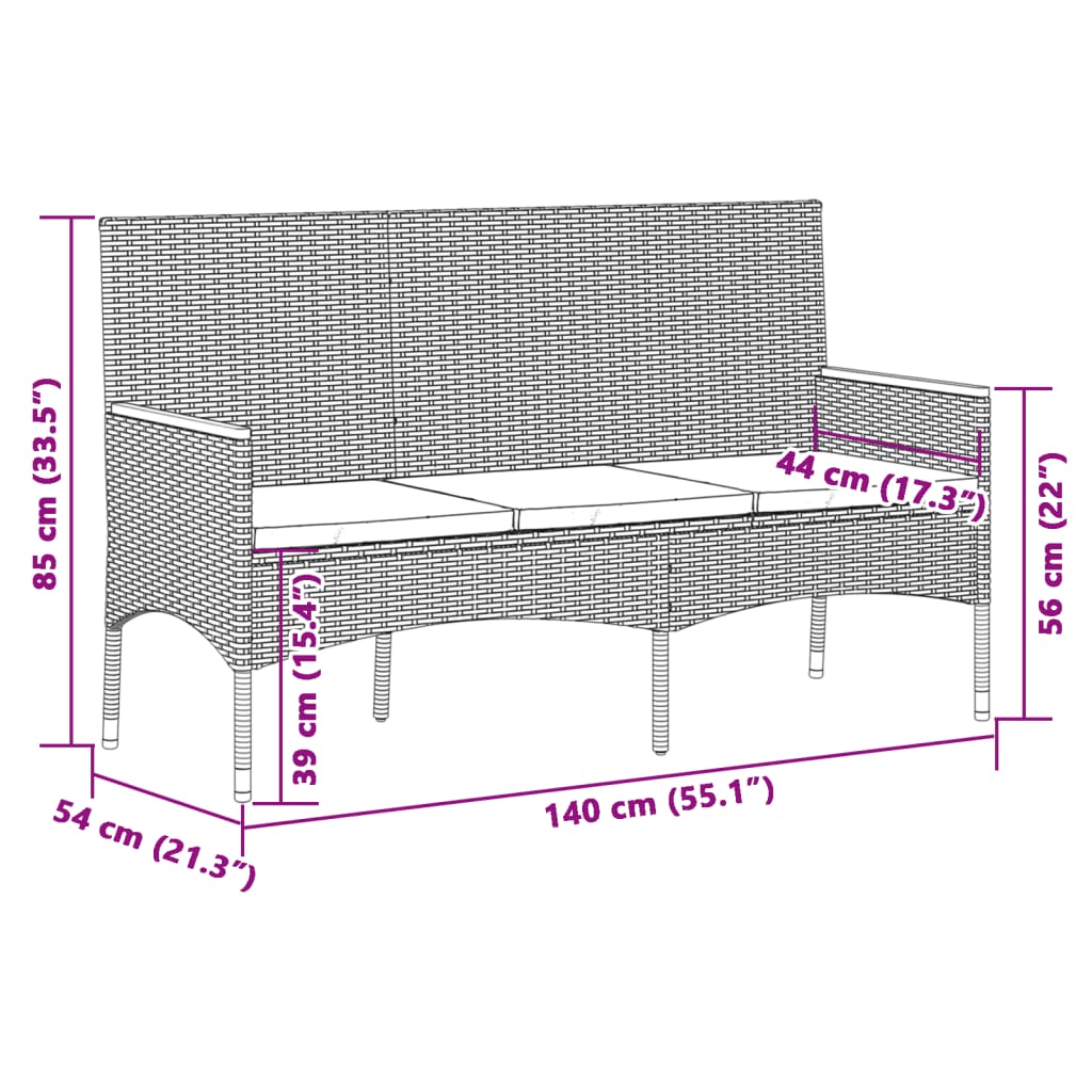 Tuinbank 3-zits met kussens poly rattan