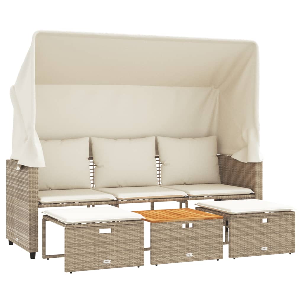 Banc de jardin 3 places avec auvent et repose-pieds poly rotin beige