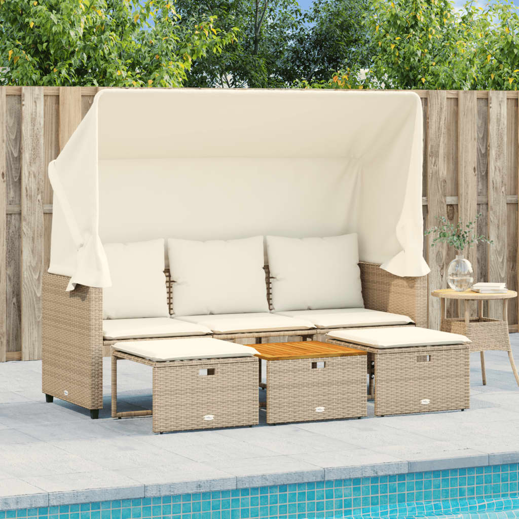 Banc de jardin 3 places avec auvent et repose-pieds poly rotin beige