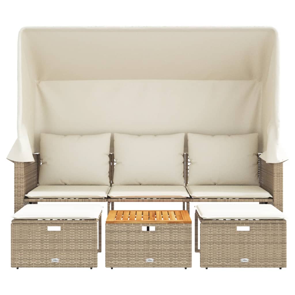 Banc de jardin 3 places avec auvent et repose-pieds poly rotin beige