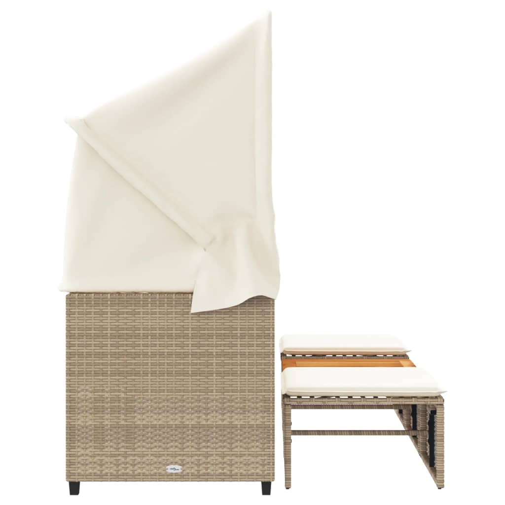 Banc de jardin 3 places avec auvent et repose-pieds poly rotin beige