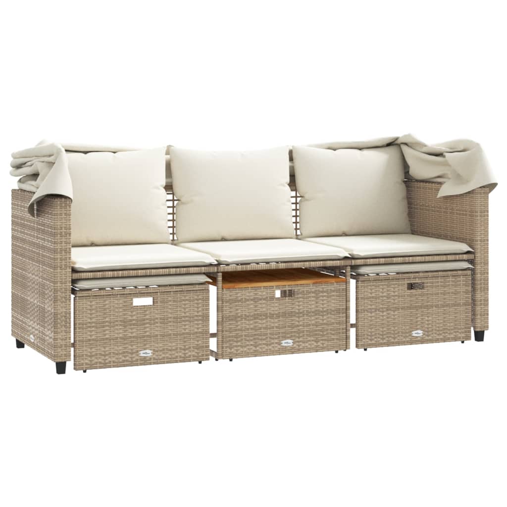 Banc de jardin 3 places avec auvent et repose-pieds poly rotin beige