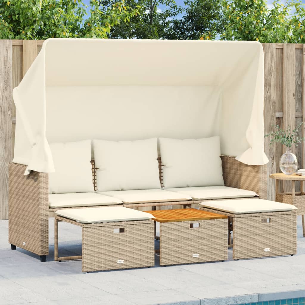 Banc de jardin 3 places avec auvent et repose-pieds poly rotin beige