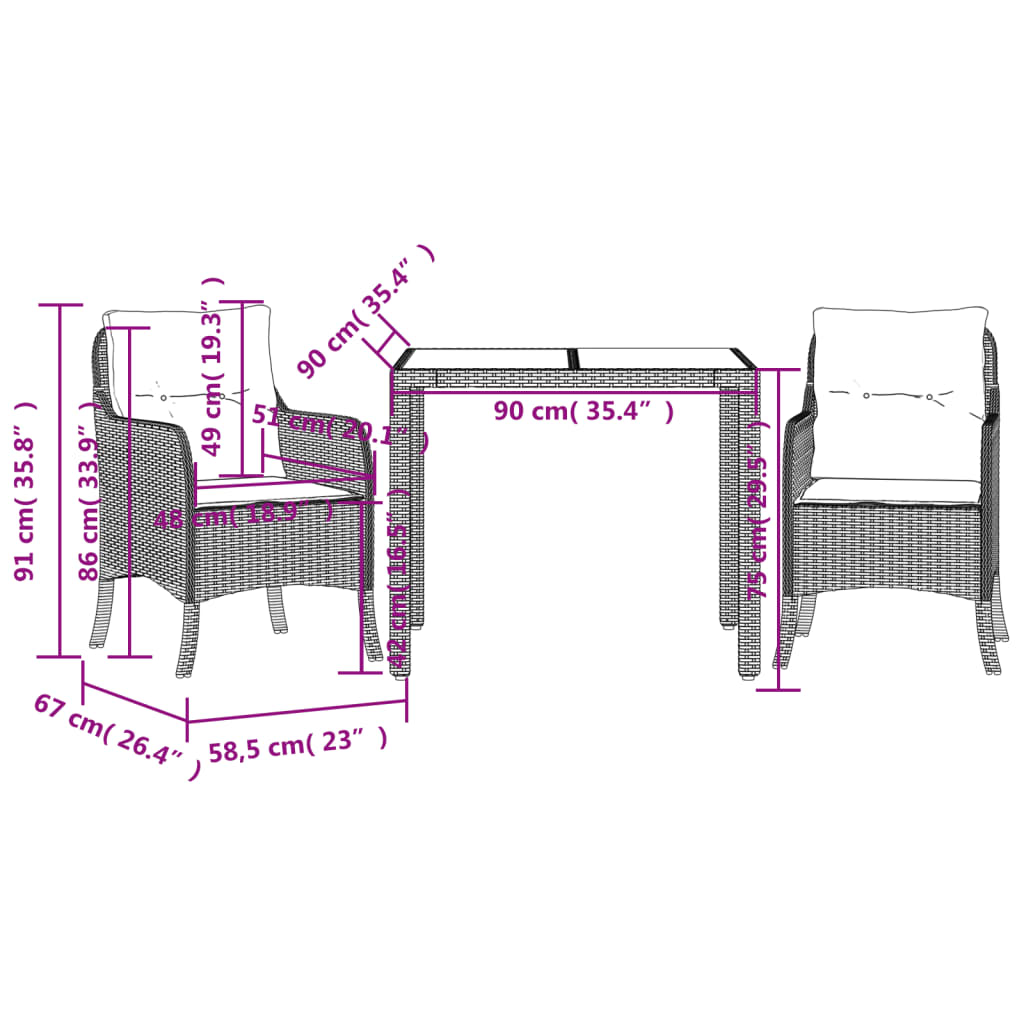 3-delige Tuinset met kussens poly rattan