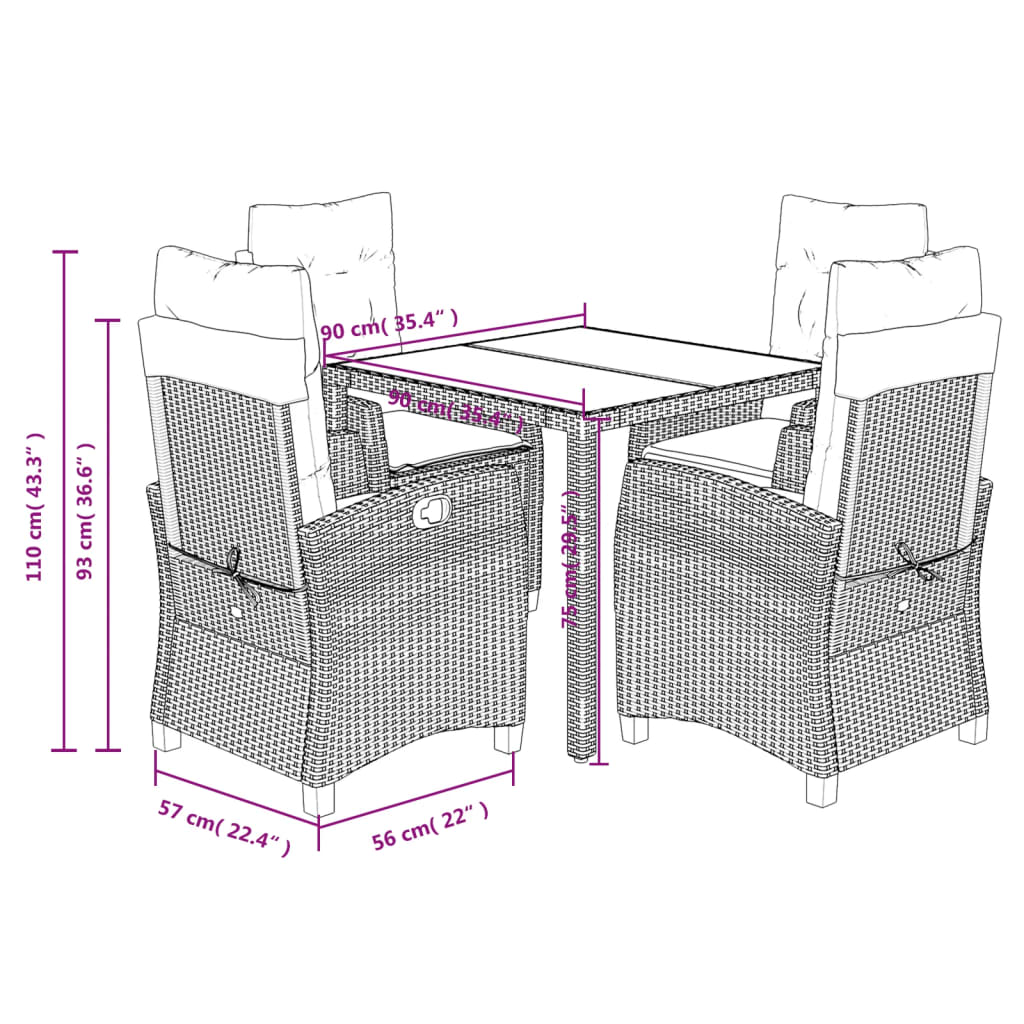 5-delige Tuinset met kussens poly rattan zwart