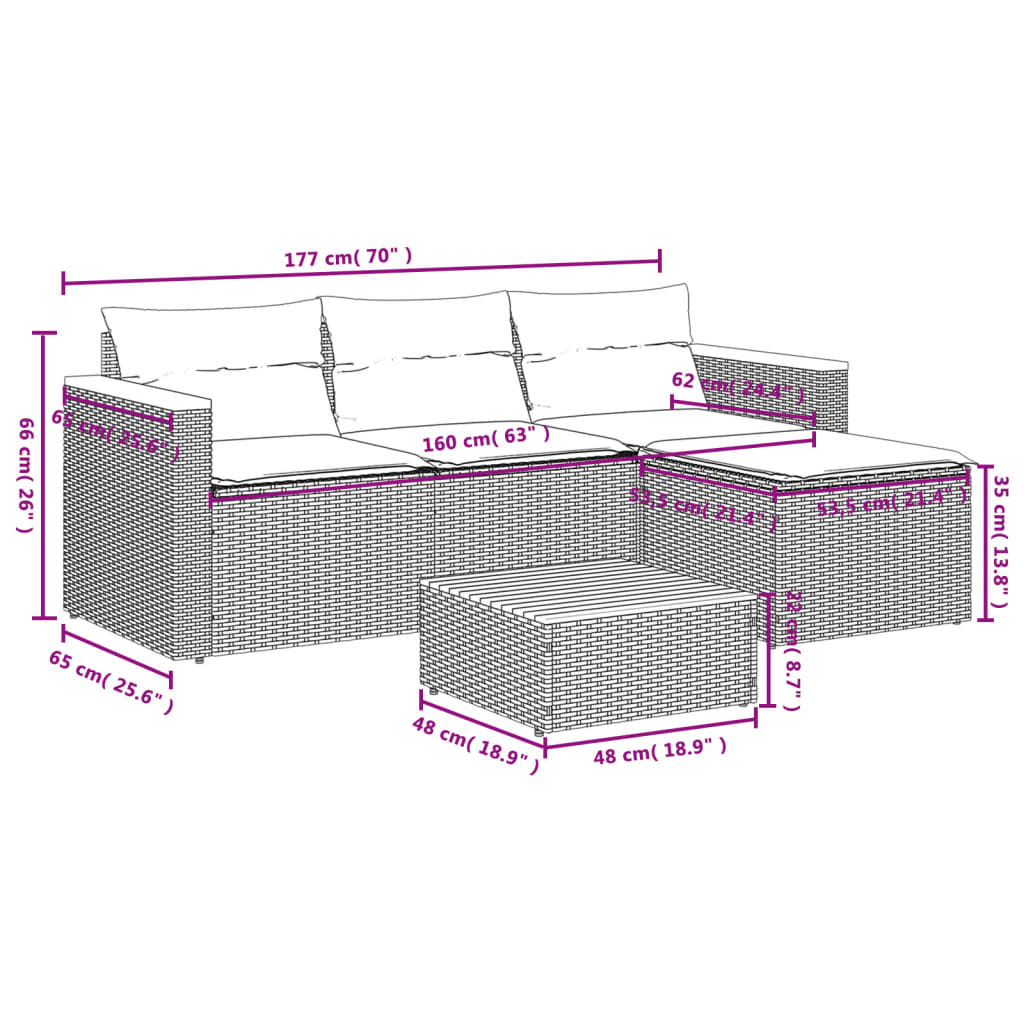 5-delige Loungeset met kussens poly rattan en acaciahout beige