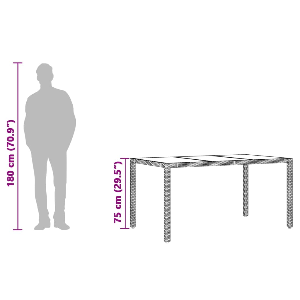 Table de jardin avec plateau en verre 190x90x75 cm poly rotin