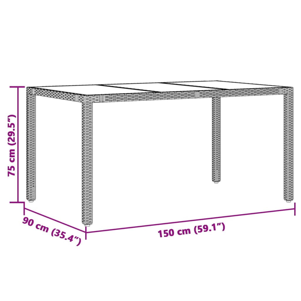 Tuintafel met glazen blad 190x90x75 cm poly rattan