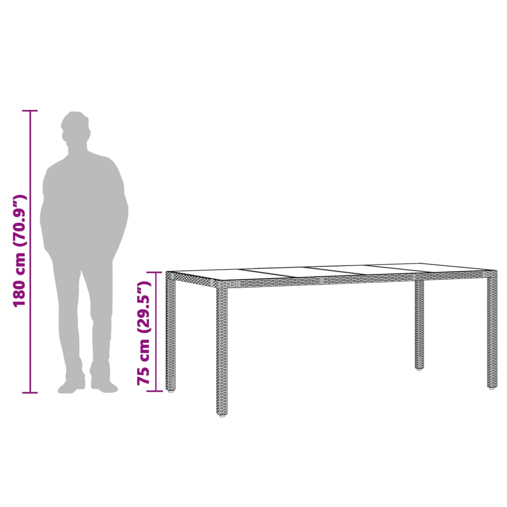 Table de jardin avec plateau en verre 190x90x75 cm poly rotin