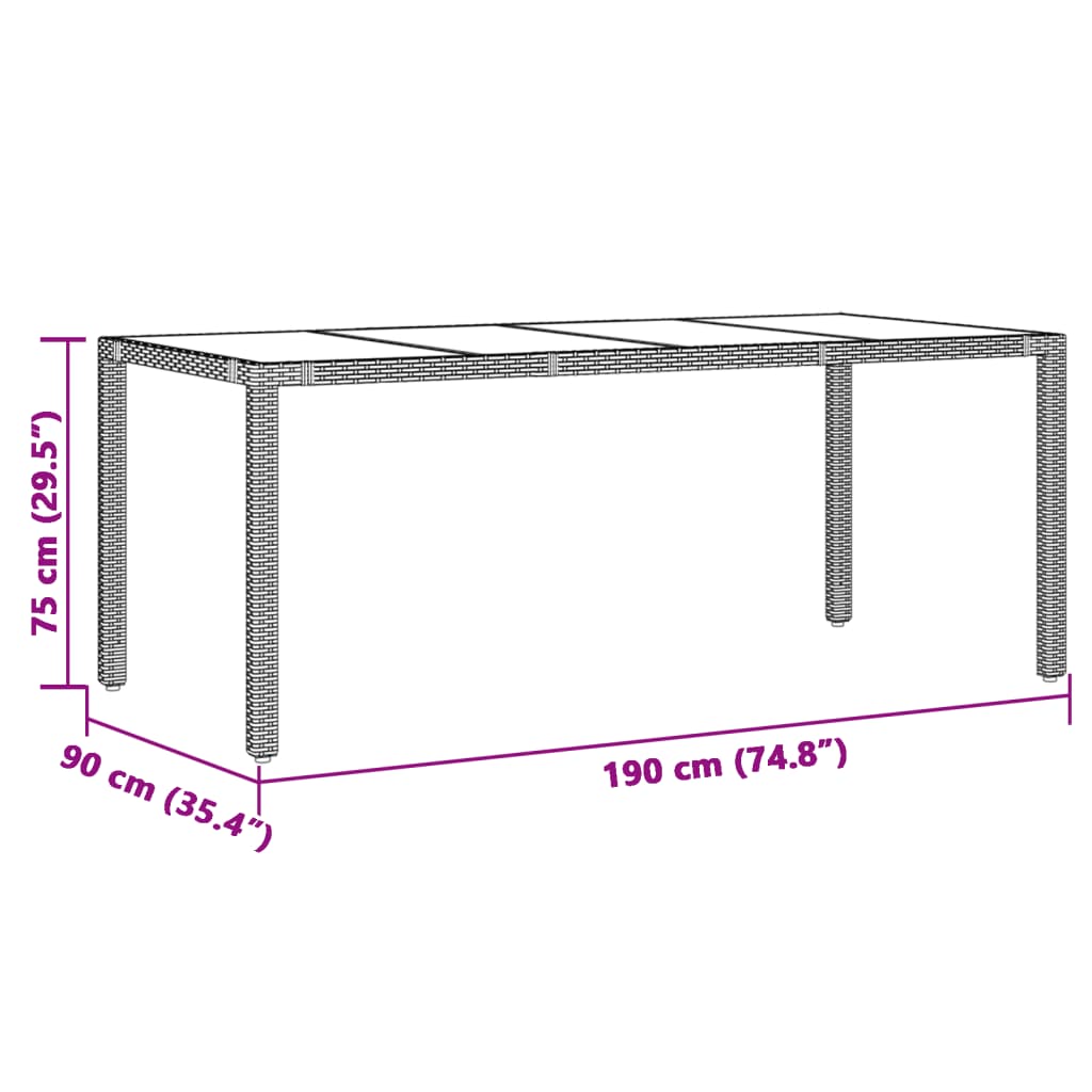 Tuintafel met glazen blad 190x90x75 cm poly rattan