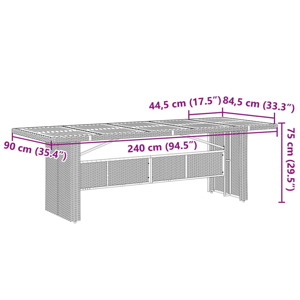 Tuintafel met glazen blad 240x90x75 cm poly rattan