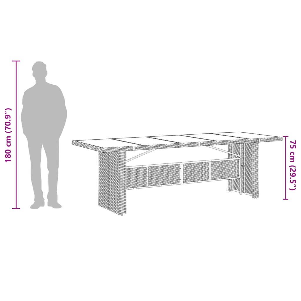 Table de jardin avec plateau en verre 240x90x75 cm poly rotin